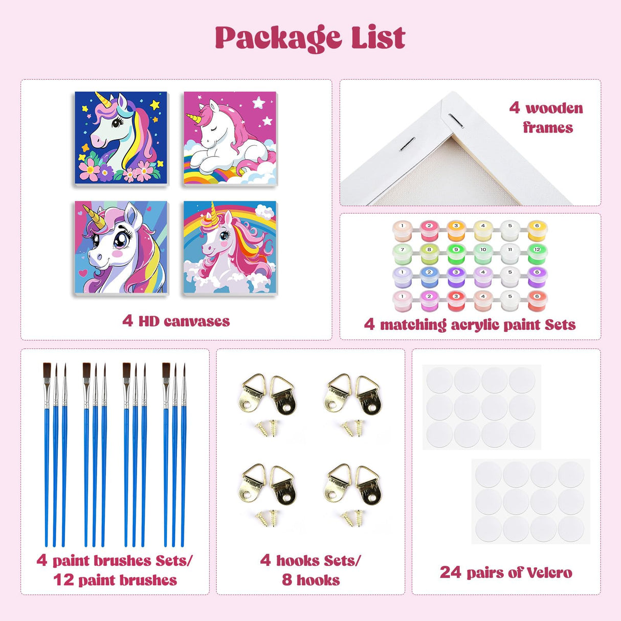 MXJSUA 4 Pack Cartoon Unicorn Paint by Numbers Kit with Framed Canvas for Kids, Rainbow Unicorn by Number Painting Kits for Ages 6-12 Kids, Acrylic Oil Paint by Number Kits for Beginners 8x8 Inch MXJSUA