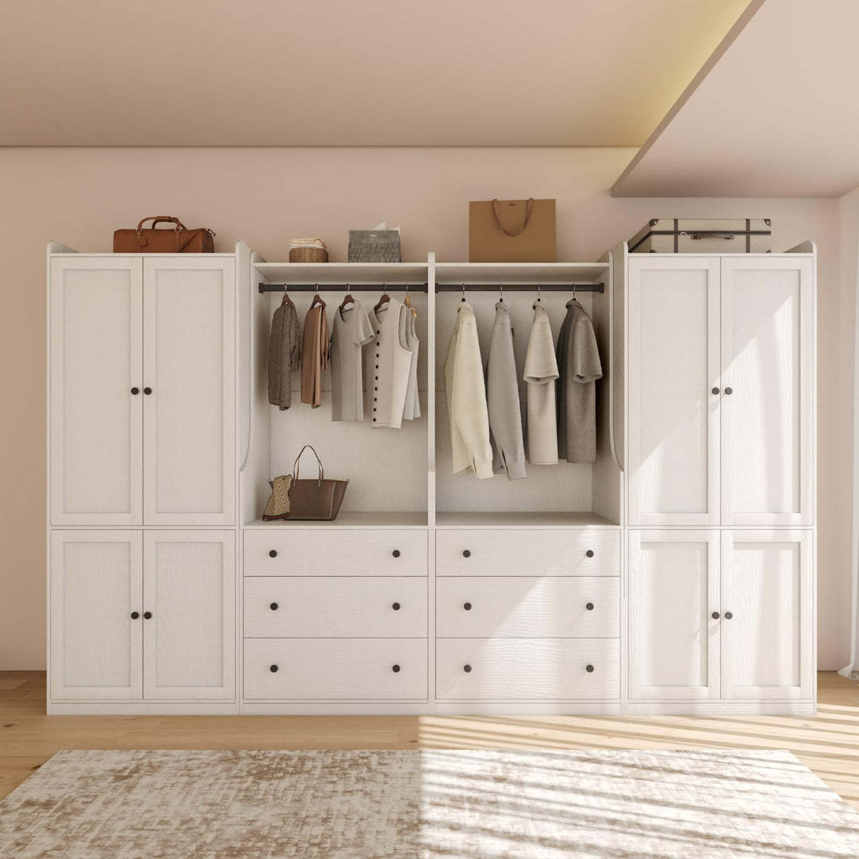 TUSY Larger Armoire Wardrobe Closet with 2 Hanging Rods & 8 Doors, 81.9" Tall Wardrobe Closet Cabinet with 6 Drawers, Modern Clothes Storage Cabinet, 81.9”H x 19.7”D x 126”W, DCCD TUSY