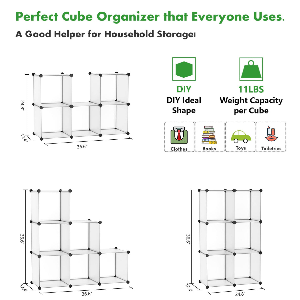 C&AHOME Cube Storage Organizer, 6-Cube Shelves Units, Closet Cabinet, DIY Plastic Modular Book Shelf, Ideal for Bedroom, Living Room, Office, 36.6" L x 12.4" W x 36.6" H Translucent White SBTM3506A C&AHOME