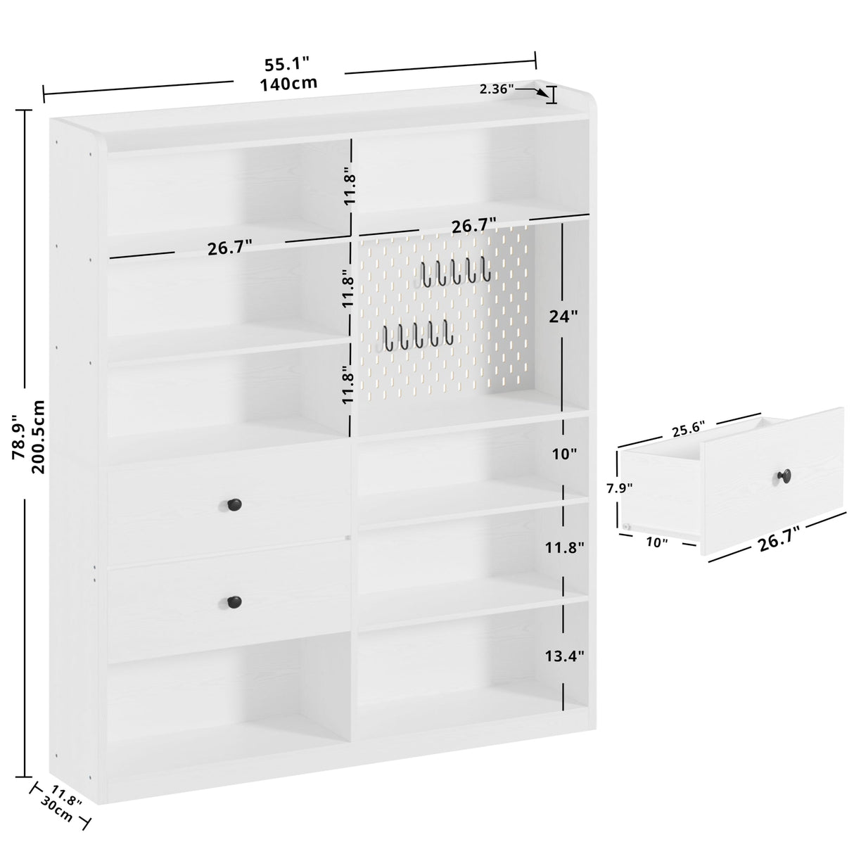 IRONCK Bookshelf and Bookcase with Pegboard and Deep Drawer, 79" H x 55" W 8 Cubby Display Book Shelves, Modern Wide Wood Etagere Shelving Unit for Living Room, White IRONCK