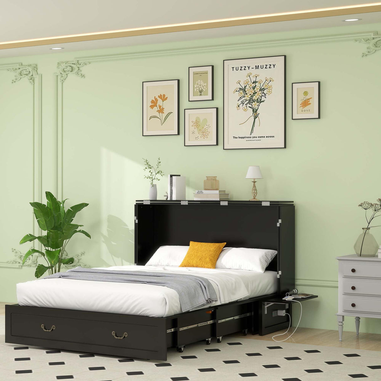 TemkTuek Queen Size Murphy Bed Cabinet with Drawers Storage & USB Charging Station, Space-Saving Hideaway Bed for Guest Room & Small Bedroom 84" L x 60" W x 44" H Black-7(NOT Included Mattress) TemkTuek