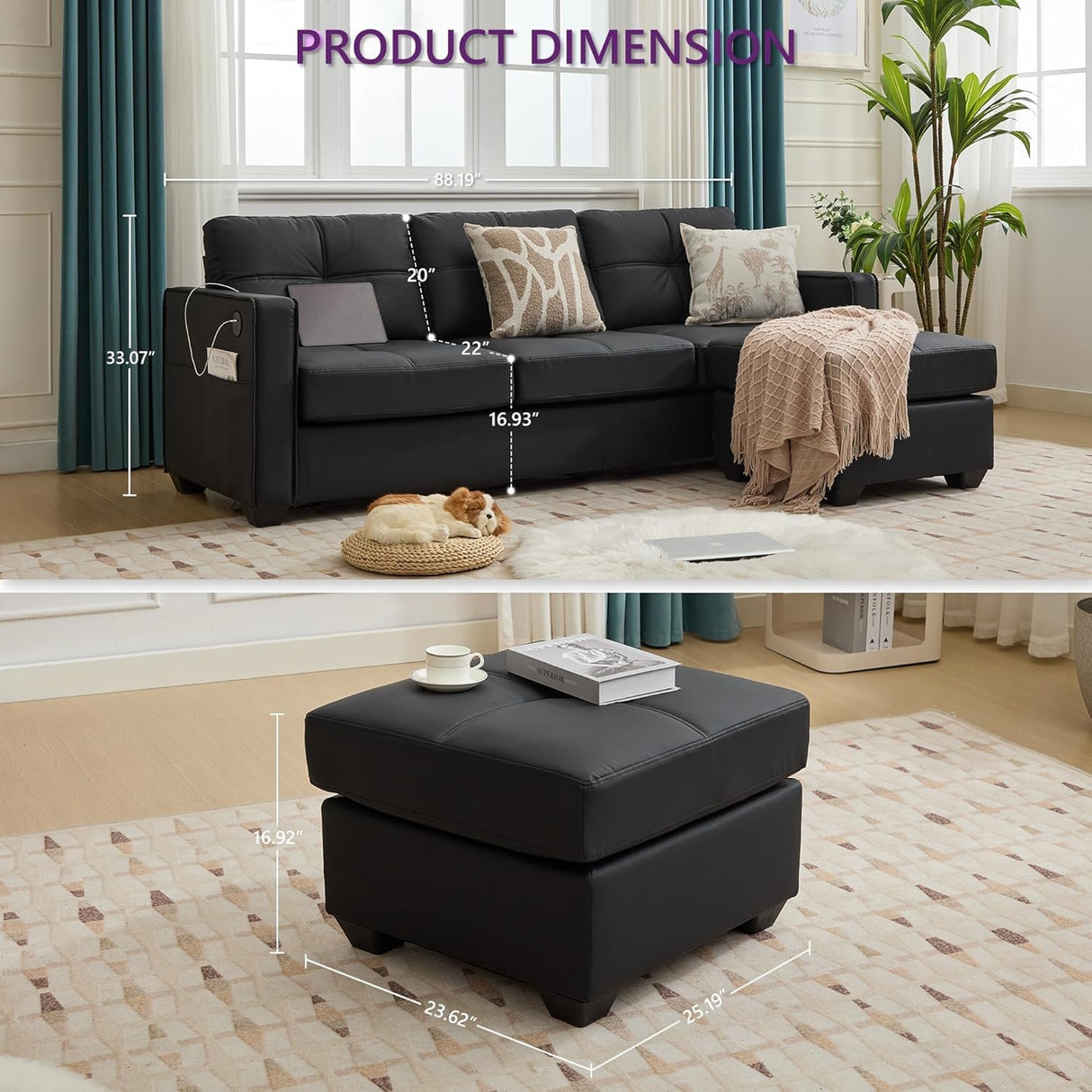 TYBOATLE 88" W Black Faux Leather Sofa Couch L Shaped Sectional Couches for Living Room, Comfy Modular Convertible Sofas w/USB, Home Office Sofa Set with Chaise for Bedroom Small Space TYBOATLE