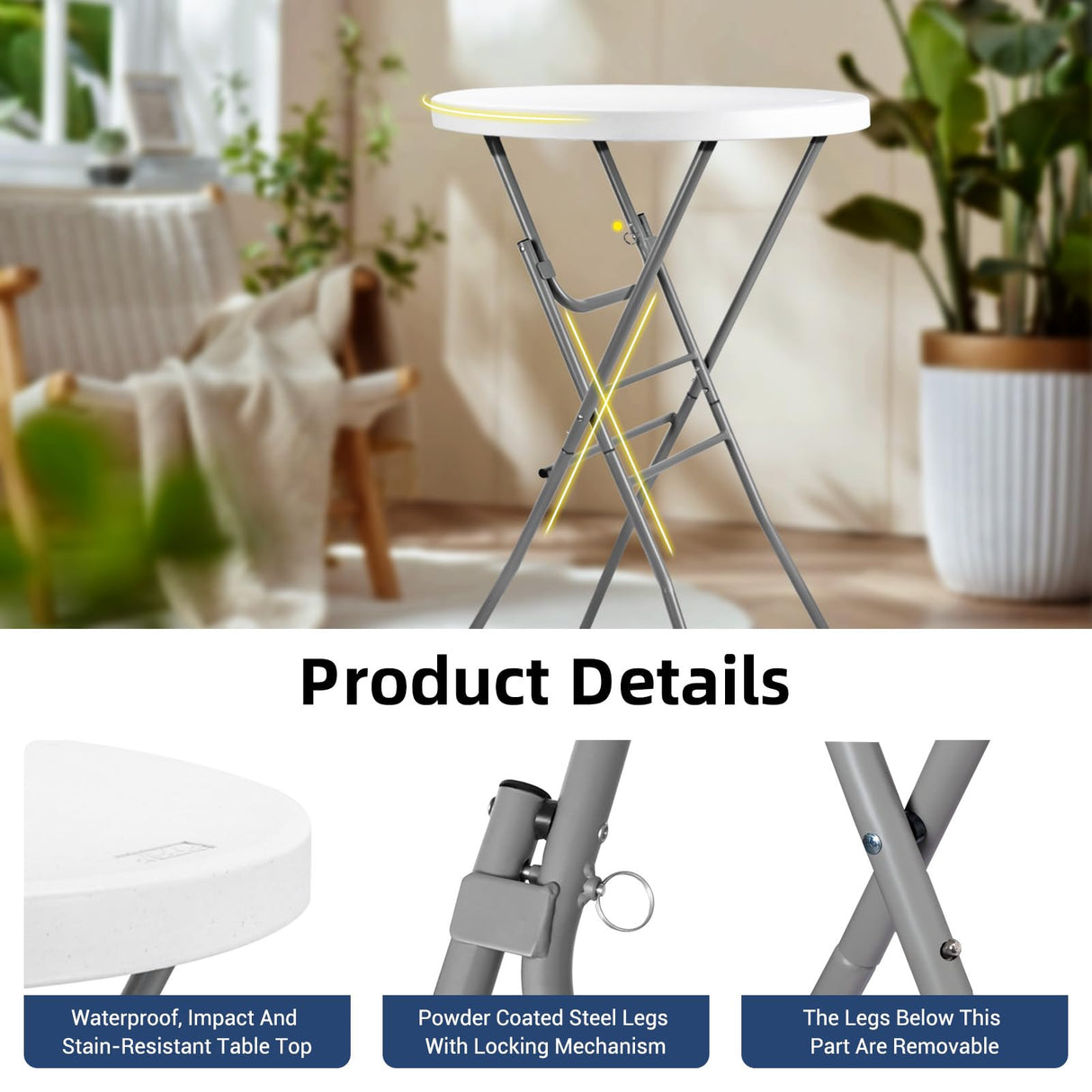 Byliable 28in Cocktail Table White High Top Folding, Round Portable Bar Height Folding Table with Removable Legs, Indoor Outdoor Banquet for Parties, Commercial, Speech, School Byliable