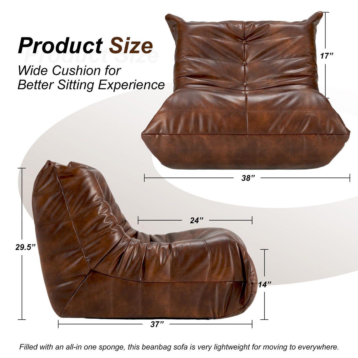 Hobestluk Bean Bag Chair Giant Bean Bag Sofa Memory Foam Bean Bag Chairs for Adults, Bean Bag Sofa Sack Faux Leather Bean Bag for Living Room Bedroom Dorm Office (Brown) Hobestluk