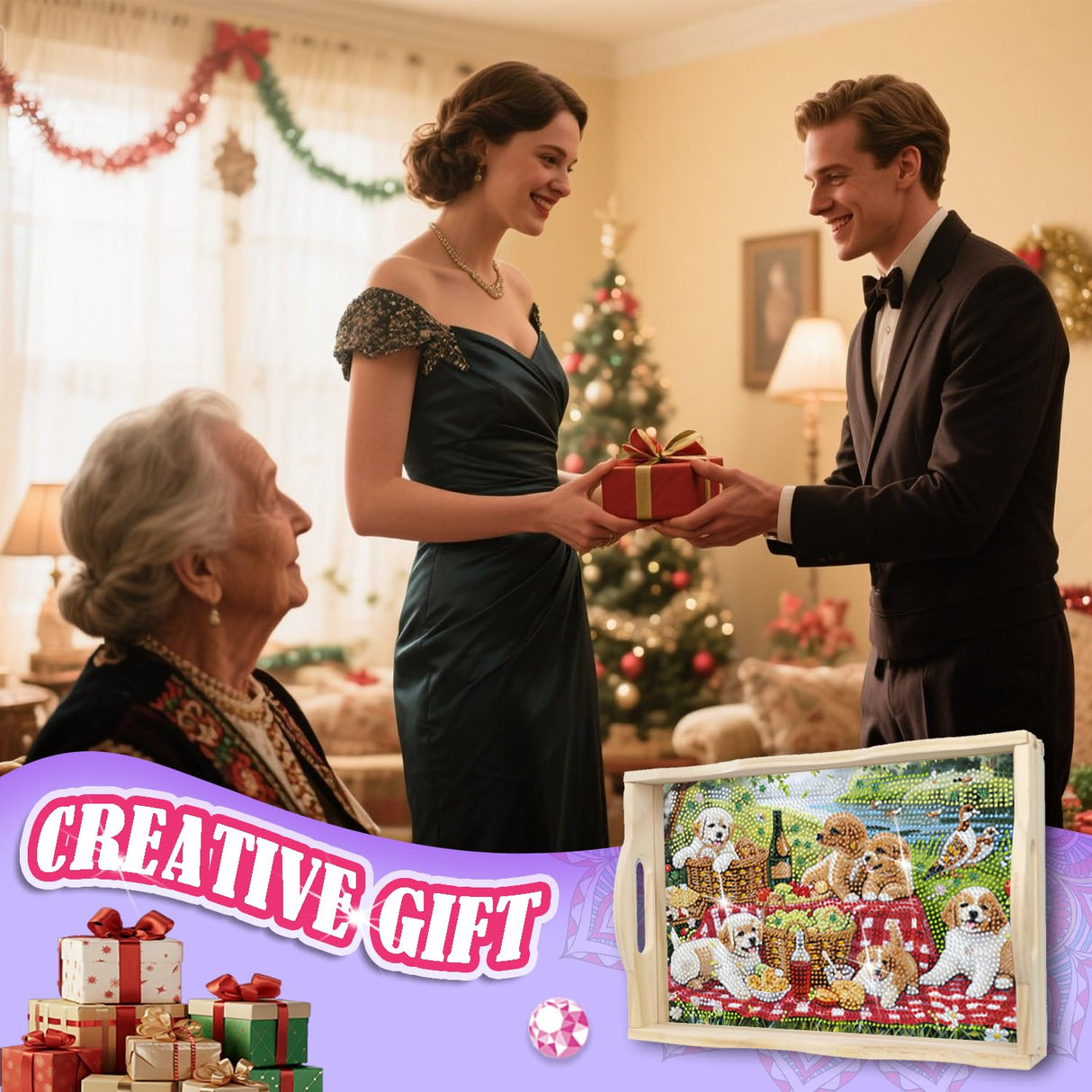 EWJRNSF Diamond Art Kits for Adults Wooden Serving Trays with Handles, 5D Diamond Painting Big Gem Arts and Craft Gifts Trays Decor Gift Home Decor 7.8x11.8 Inches Dog A EWJRNSF