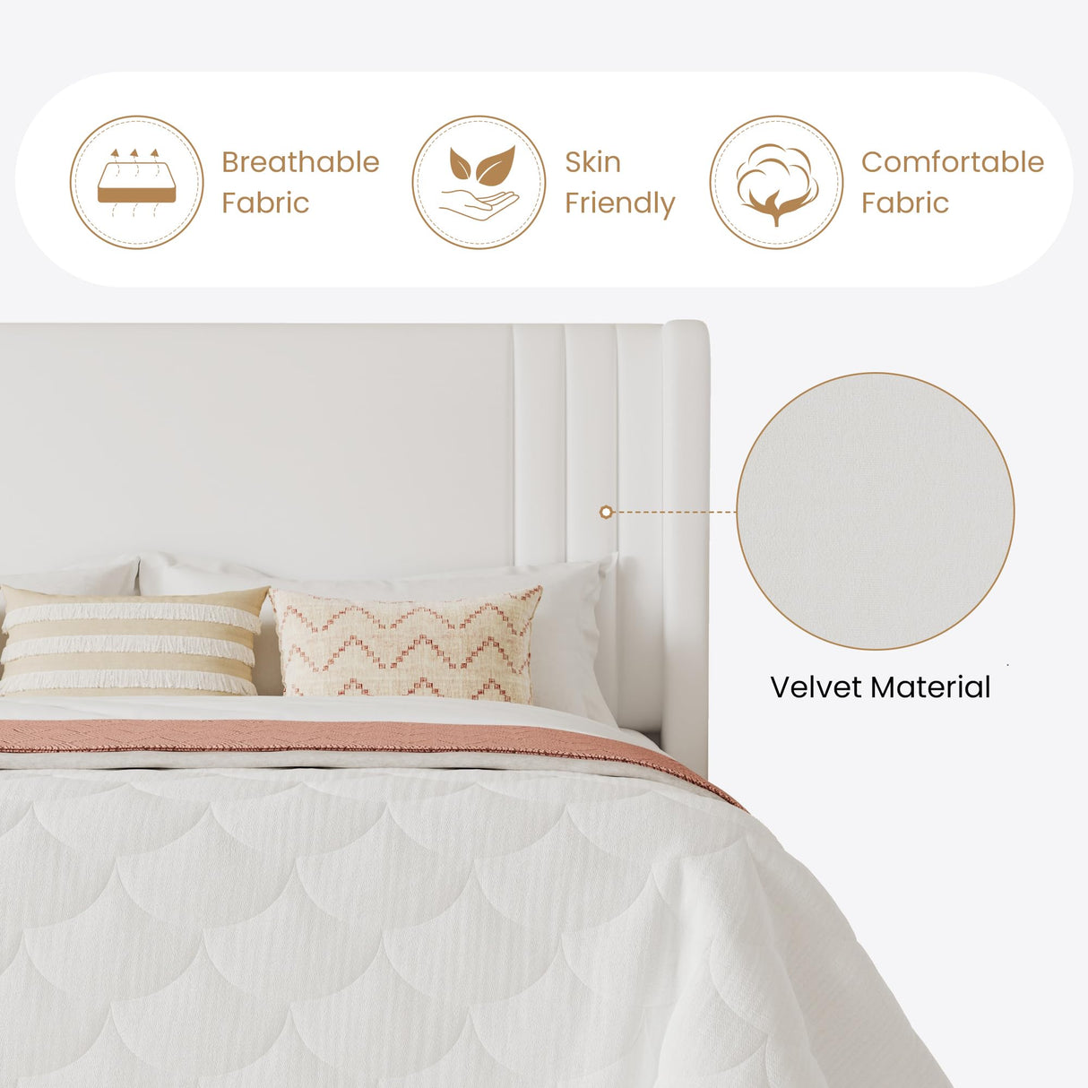 SHA CERLIN Full Size Velvet Upholstered Platform Bed Frame with Vertical Channel Tufted Wingback Headboard, Wooden Slats Support, Easy Assembly, Under Bed Storage, No Box Spring Required, White SHA CERLIN