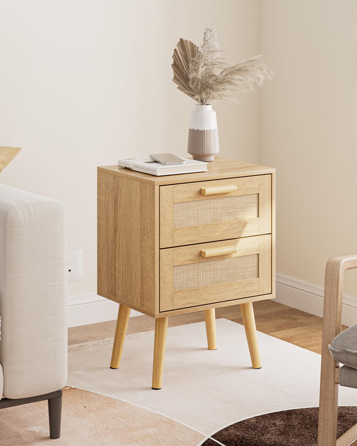 Masupu Rattan Night Stand,Modern nightstand Boho Bedside Table with 2 Drawer,Small End Side Table for Bedroom,Living Room,Office,Natural Masupu