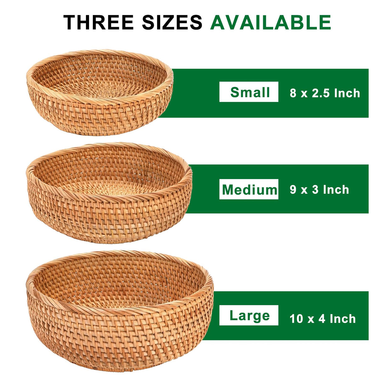 Round Rattan Bread Baskets for Serving Hand Woven Wicker Fruit Basket for Table Set of 3 Fruit Bowl for Kitchen Counter Gdpaddy
