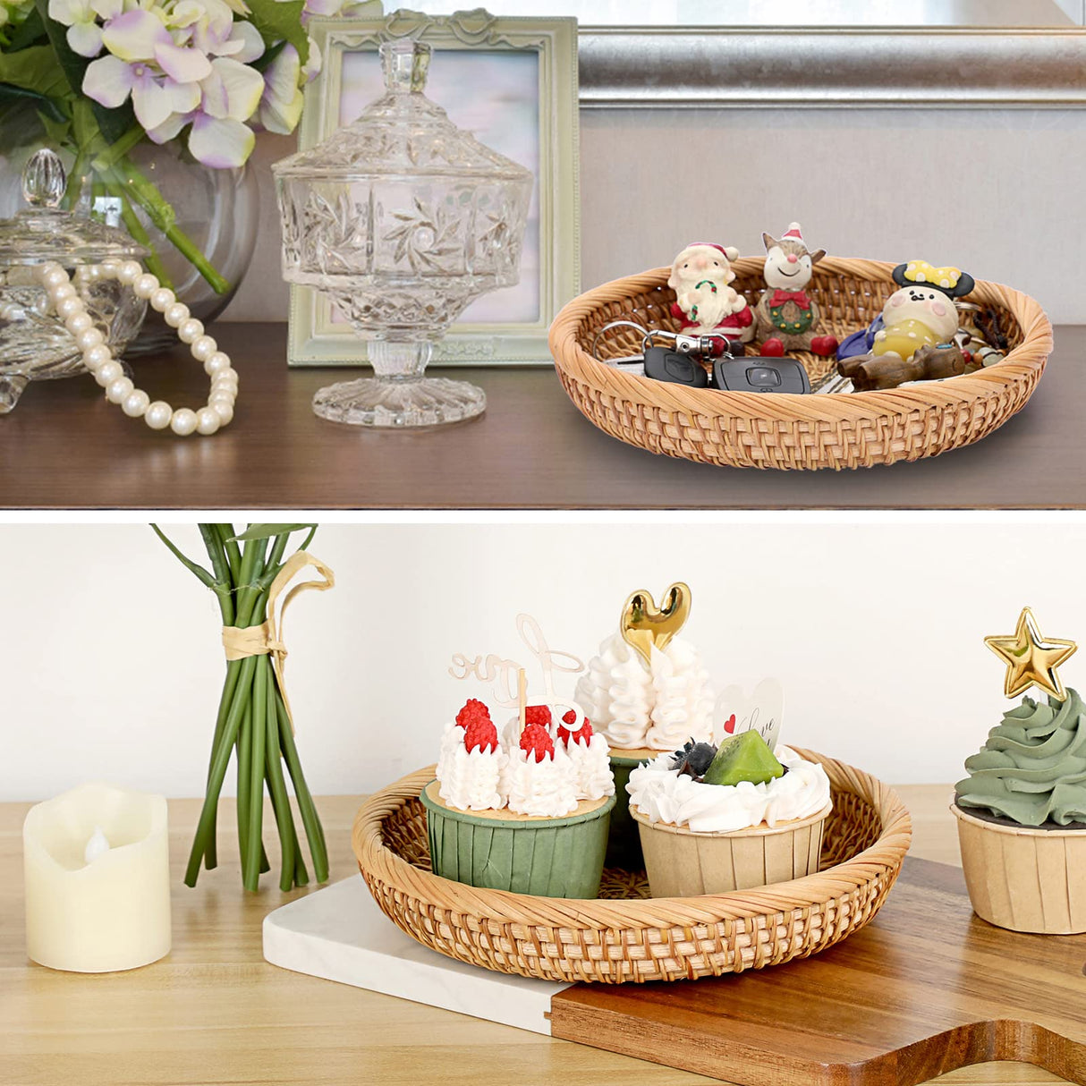 Hipiwe Small Key Basket Bowl for Entryway 7.6" Round Woven Wicker Basket Snacks Fruit Candy Serving Basket Tray Rattan Organizer Basket for Keys Wallet Cell Phone Hipiwe
