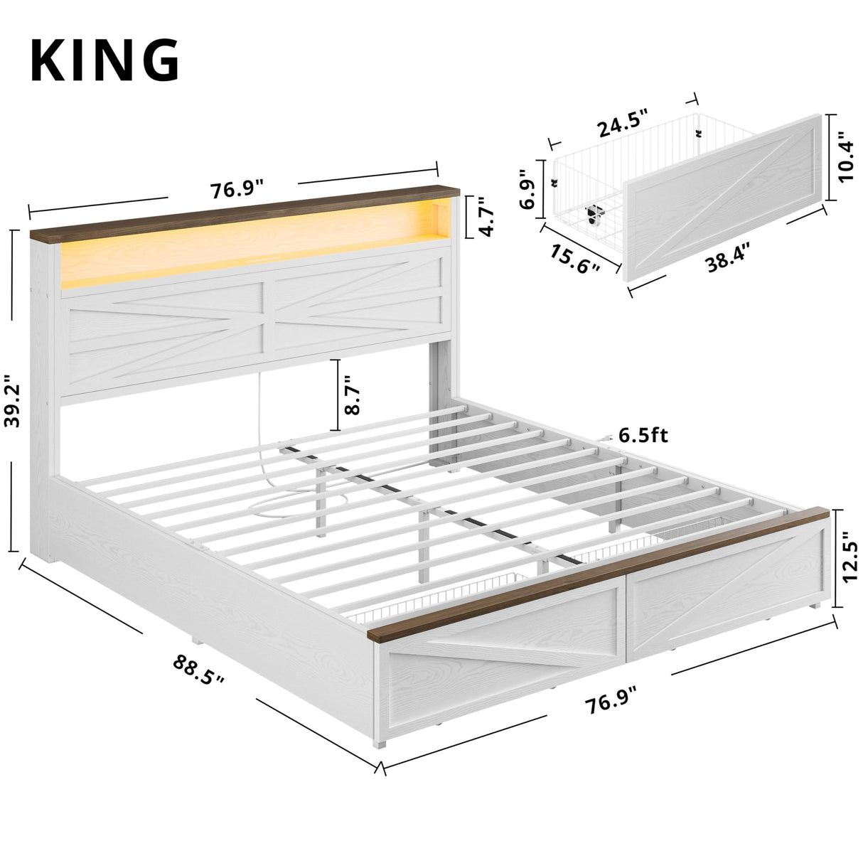 IRONCK Farmhouse King Size Bed Frame with LED Light and Charging Station, Wood Bed Frame with Storage Headboard and 2 Drawers, Barn Door Design, Sturdy and Noiseless, White IRONCK