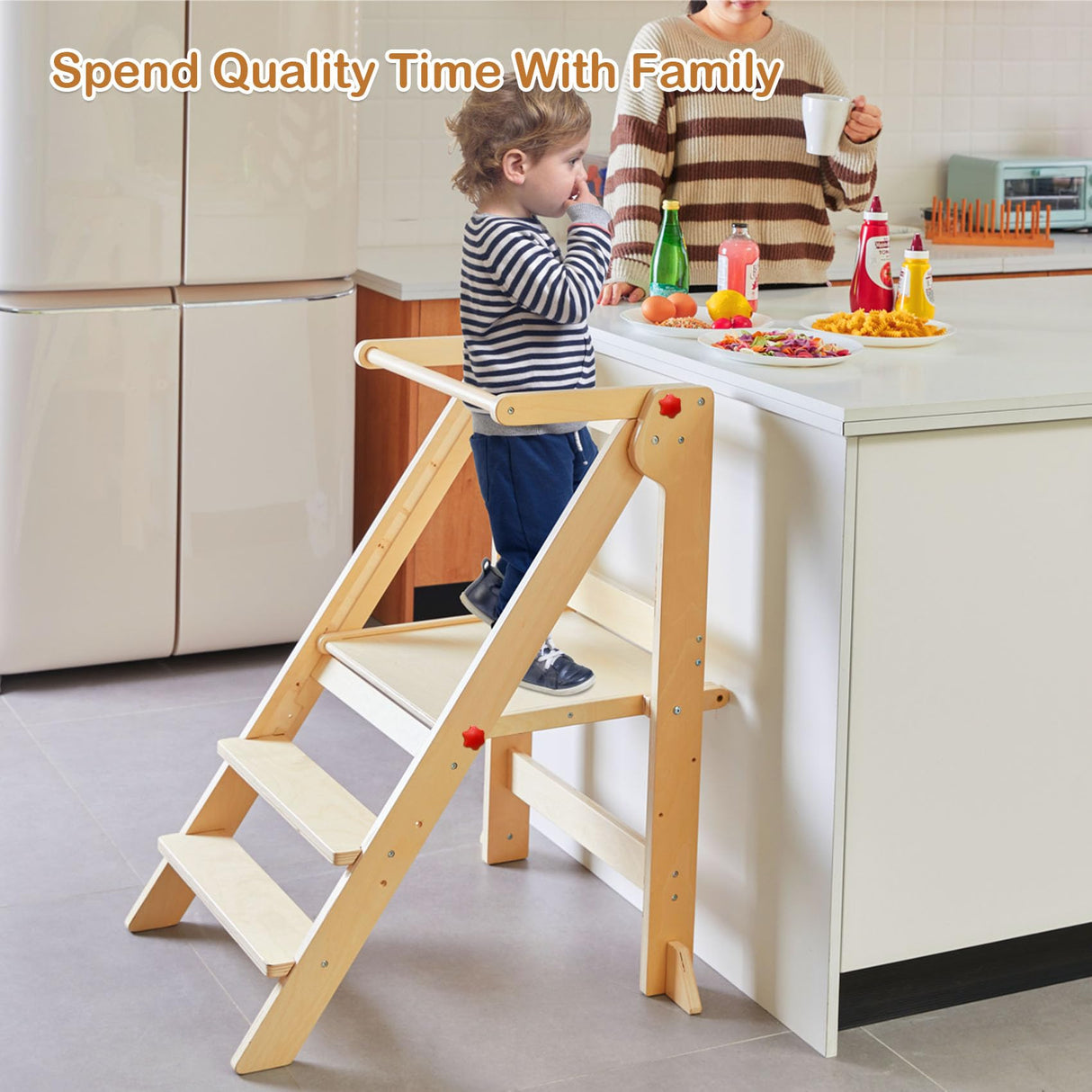 Foldable Toddler Tower with Safety Rails, 3-Level Adjustable Height Standing Kitchen Stool Helper with Safety Feet, Montessori Learning Tower for Toddlers Aged 1-6,Natural Cheete