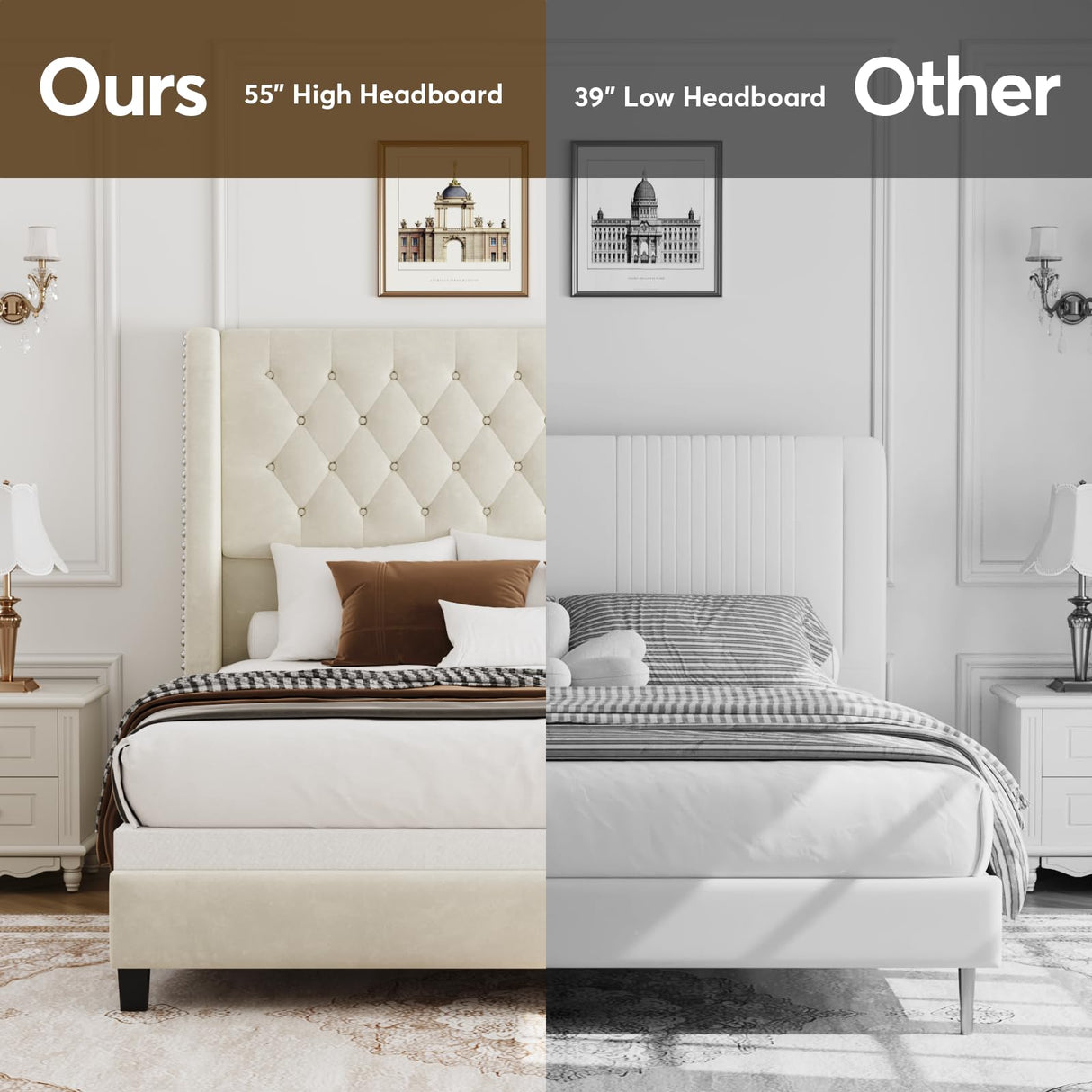 SEREINEY Queen Bed Frame with 55" Tall Headboard, Upholstered Bed Frames, Soft Fabric, Button Tufted Headboard with Windback, Platform Bed, Noise-Free, No Box Spring Needed, Beige SEREINEY