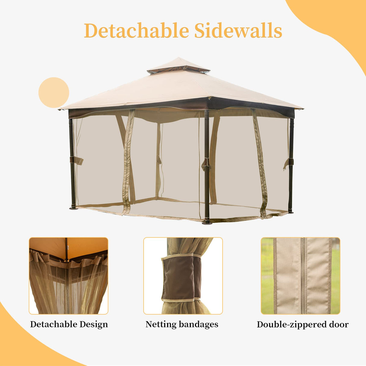 Domi 10'x13' Gazebo, Outdoor Gazebo with Mosquito Netting, Metal Frame Double Roof Soft Top Patio Gazebo Canopy Tent for Deck Backyard Garden Lawns Khaki domi outdoor living