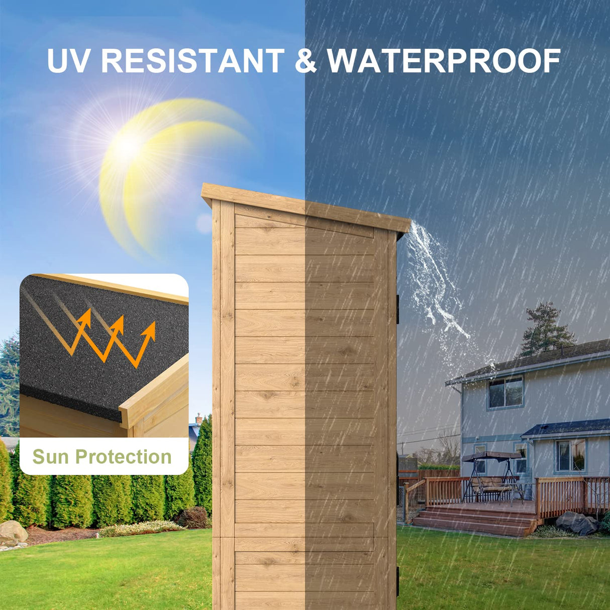 Gizoon Outdoor Storage Cabinet with Waterproof Roof, Double Lockable Doors Garden Shed with 2 Removable Shelves, Wooden Storage Shed with Large Storage Space for Patio, Garden, Backyard, Lawn Gizoon