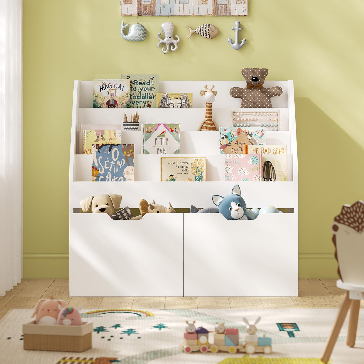 Kids Bookshelf - 4 Tier Small Bookcase for Kids Room, Toy Storage for Children with 2 Movable Drawers, Hidden Wheels, Toddler Book Display Shelves for Classrooms, Nursery, Playroom and Bedroom, White Sikaic