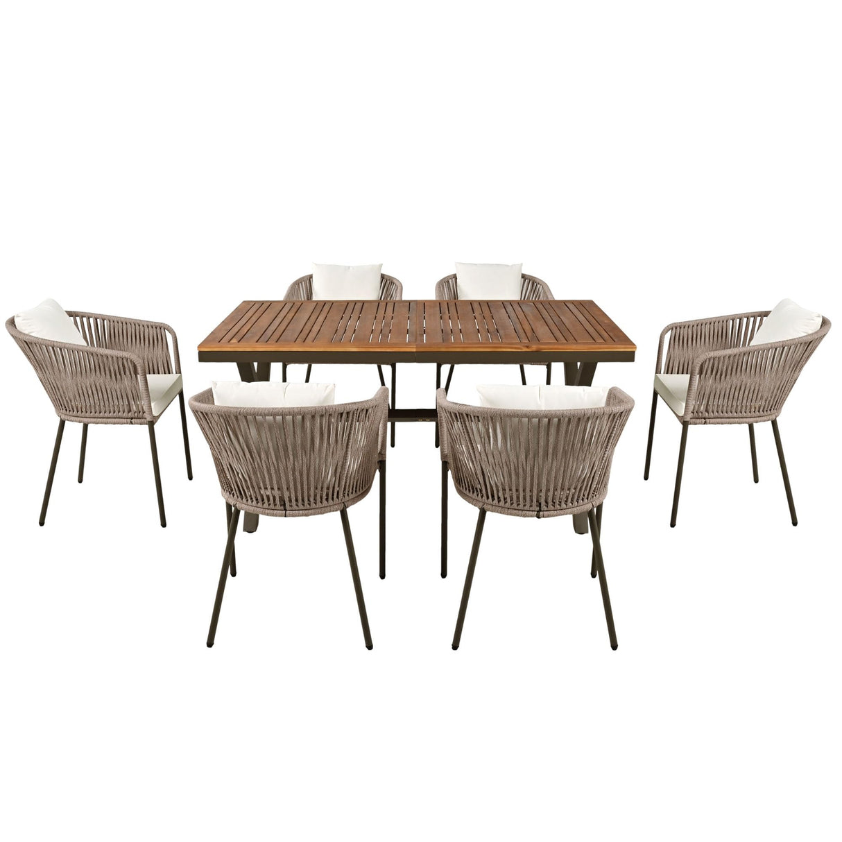 Merax 7 Pieces Patio Dining Table and Chairs, All-Weather Outdoor Furniture Set, Acacia Wood Tabletop, Metal Frame, for Garden, Backyard, Balcony, Beige Merax
