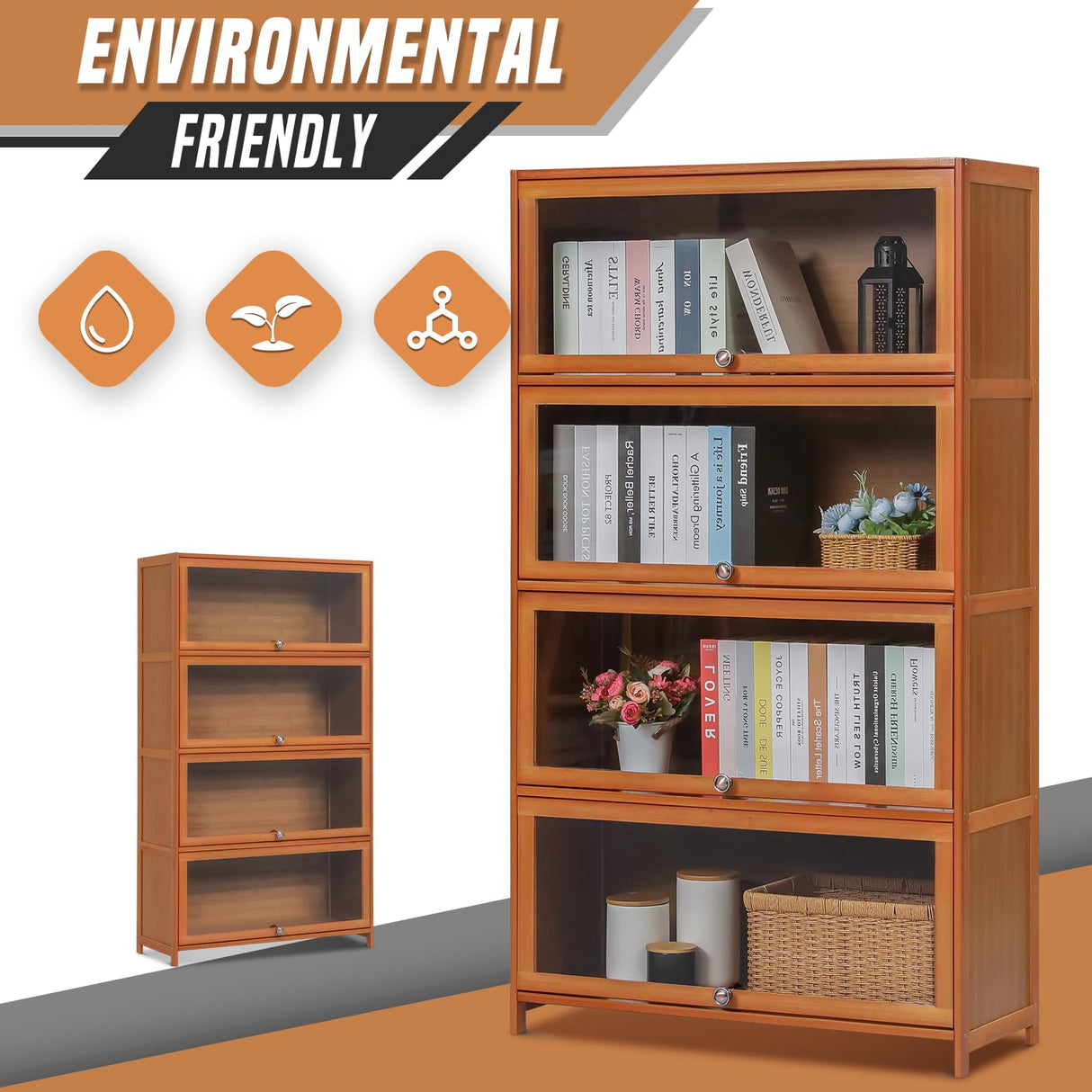 SFIHOME 55" H Bamboo Bookcase with Acrylic Doors, 4 Tier Free Standing Tall Book Shelf Storage Cabinet, Corner Bookshelf Display Organizer Save Space for Living Room Office Home, Brown SFIHOME