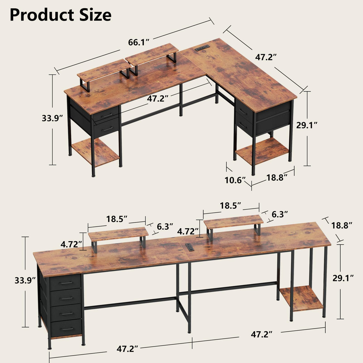 Korfile 66" L Shaped Computer Desk with Power Outlets, Home Office Desk with 4 Adjustable Storage Drawers & 2 Monitor Stands, Large Two Person Gaming Table for Writing Study, Rustic Brown Korfile