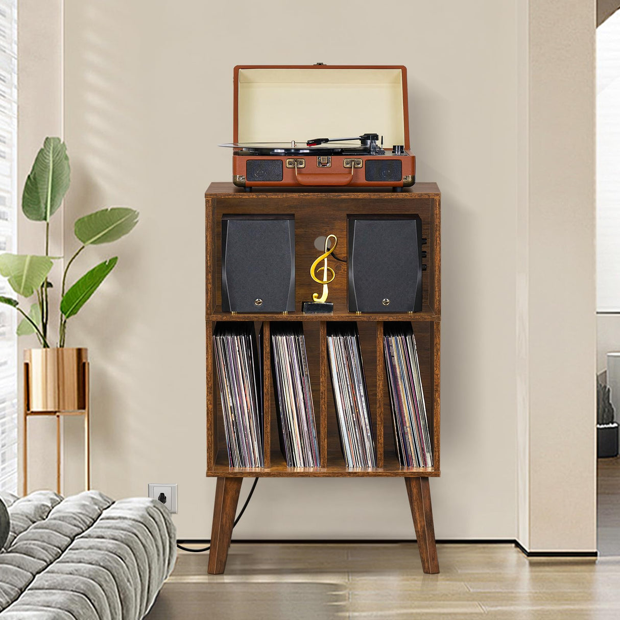 Lerliuo Record Player Stand with Charging Station, Brown Turntable Stand Holds up to 160 Albums, Mid-Century Vinyl Storage Cabinet Table with Wood Legs, Record Holder Dispaly Shelf for Living Room Lerliuo
