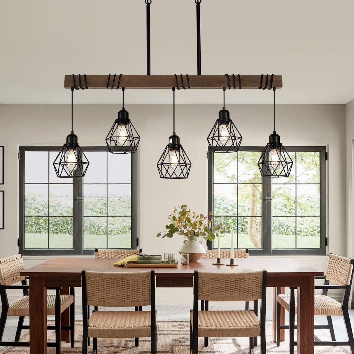 5-Light Kitchen Chandeliers Over Table, Farmhouse Black Dining Room Light Fixture, Linear Rustic Wood Ceiling Pendant Island Light Fixtures with Metal Lampshade, Height Adjustable CmnVmn