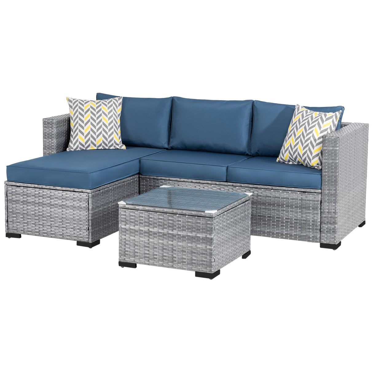 Shintenchi 3 Pieces Patio Furniture Set,All-Weather Rattan Patio Conversation Set,Outdoor Sectional Silver Wicker Patio Couch with Washable Cushions and Glass Coffee Table(Navy Blue) Shintenchi