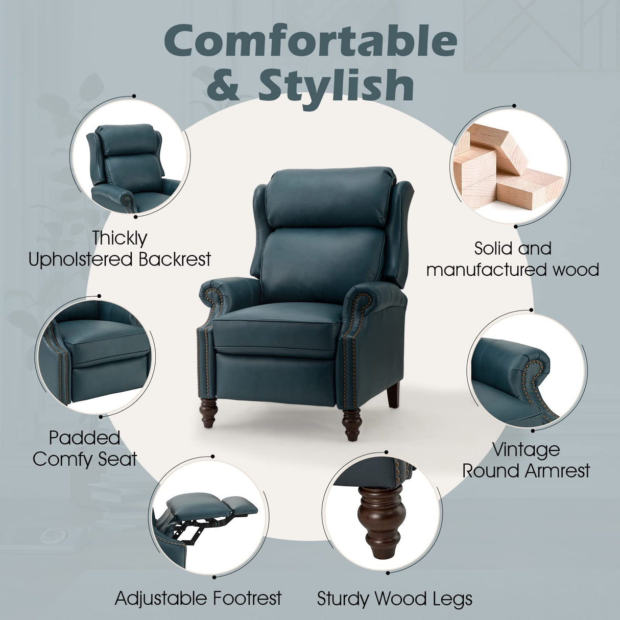 HULALA HOME Genuine Leather Recliner Chair, Traditional Manual Pushback Comfy Seating for Living Room, Thick Cushion & Solid Wood Legs, Wingback Recliner with Nailhead Trim, Turquoise HULALA HOME