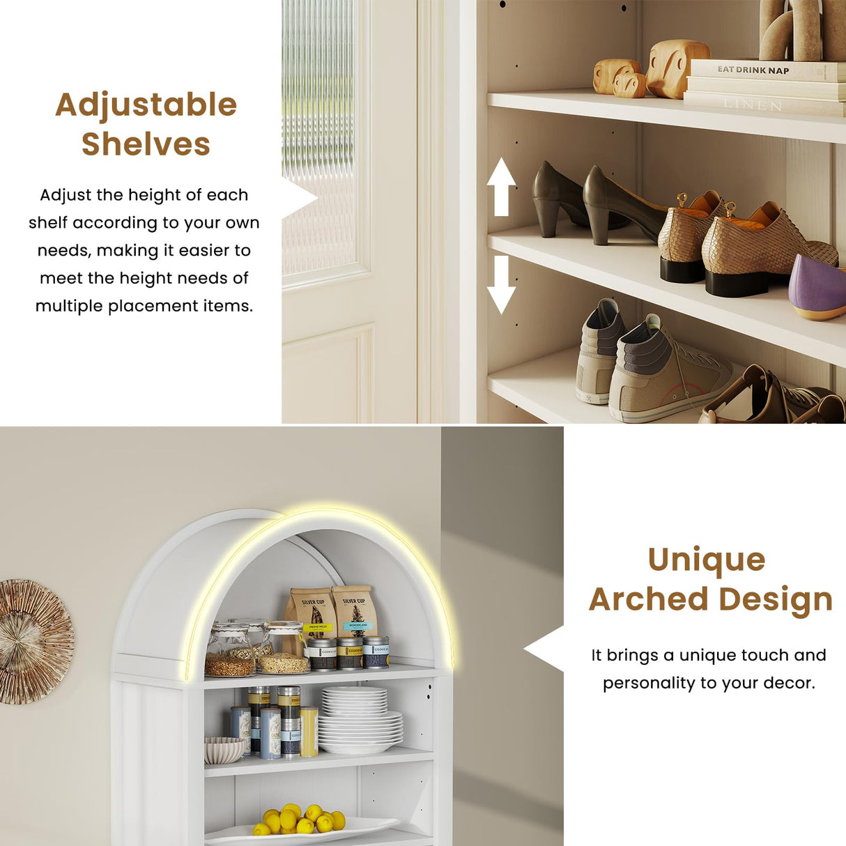 GOODONE 71" Tall Arched Bookcase - Arched Bookshelf with 2 Drawers & Adjustable Shelves, Tall Arched Storage Cabinet for Living Room, Kitchen,Home Office(White) GOODONE