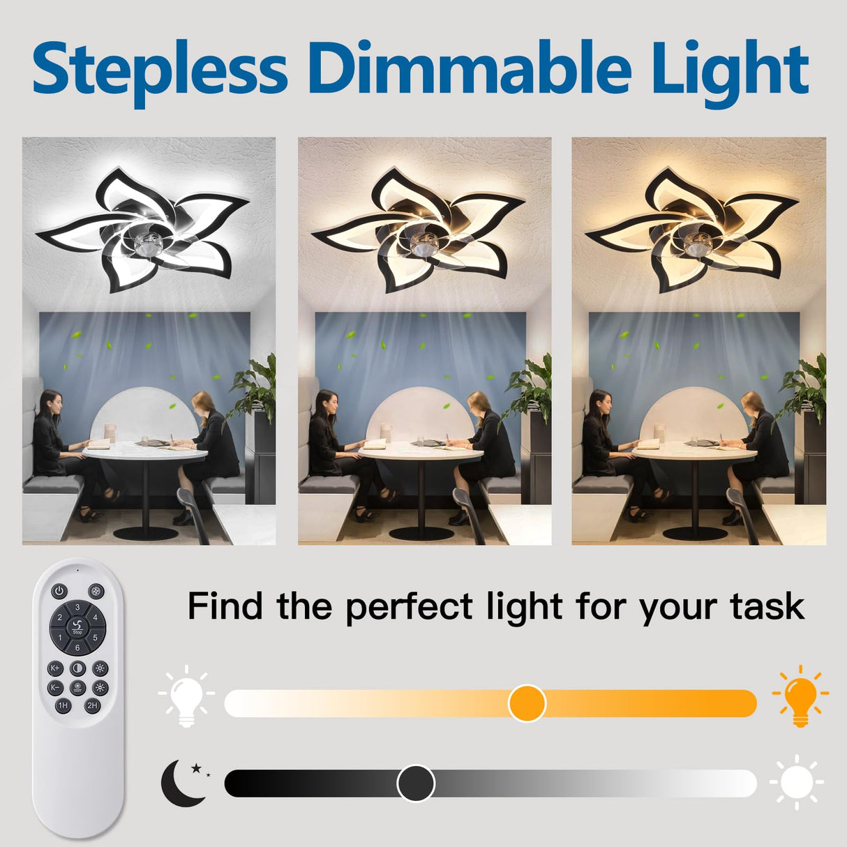 Dalouguan Ceiling Fan with Lights Remote Control, 24" Black, 6 Speeds 3 Light Color Low Profile Flush Mount Ceiling Fan for Kitchen Bedroom Dalouguan