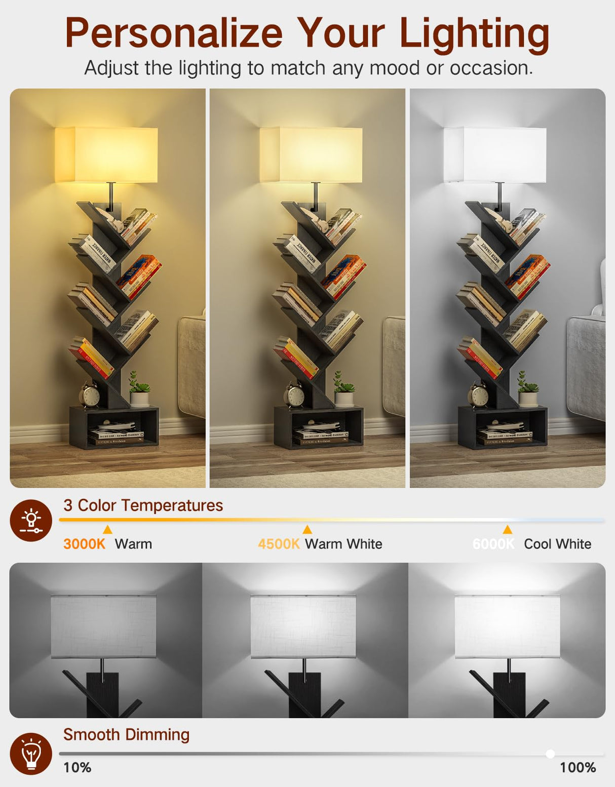 OUTONLIFE 6 Tier Tree Bookshelf with Light, Remote & Timer, Modern Tall Floor Standing Book Shelf, Narrow Wood Bookcase, Small Book Organizer Shelves for Living Room, Bedroom, Office (Black) OUTONLIFE