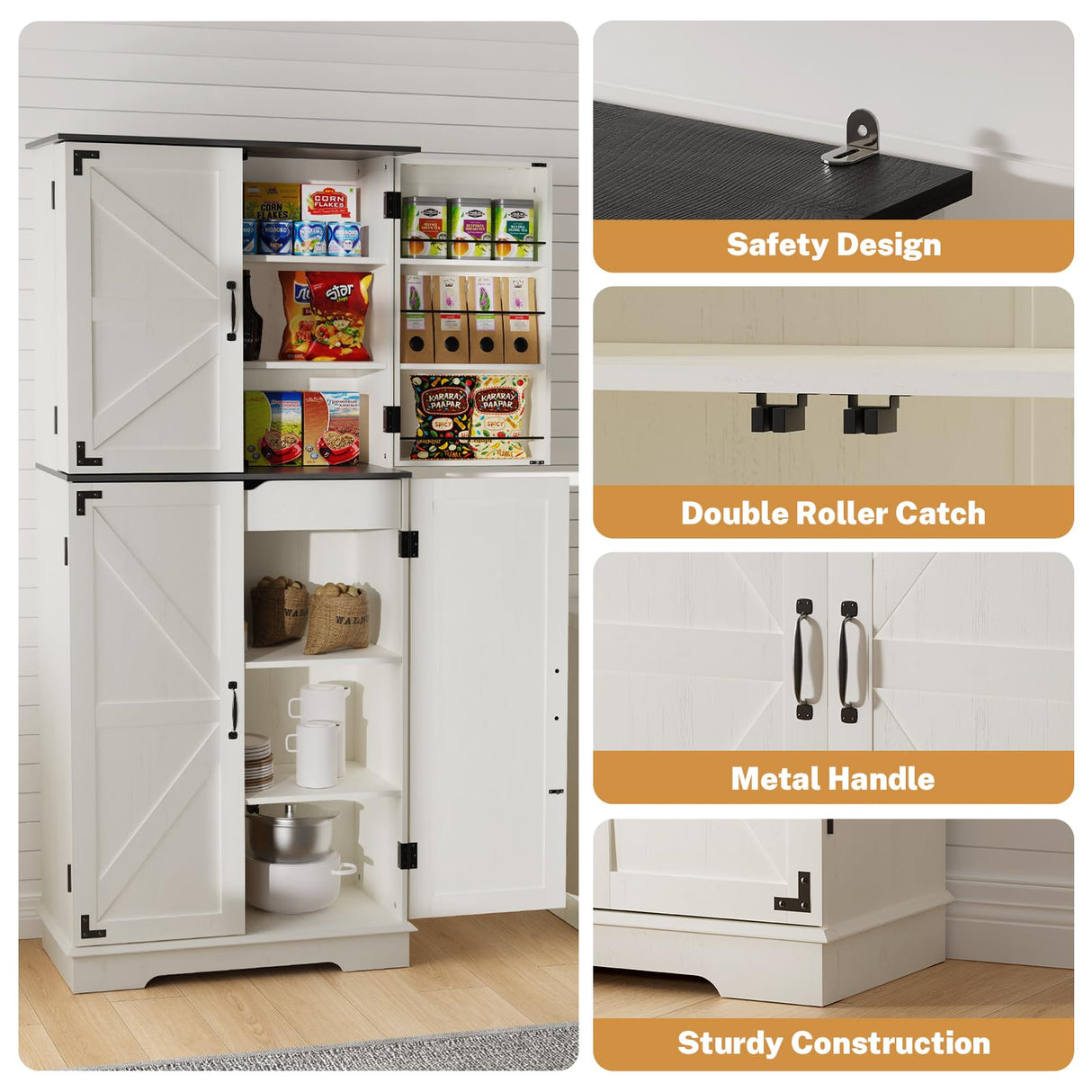 Sunny Heart 72" H Kitchen Pantry Storage Cabinet, Farmhouse Pantry Cabinet with 4 Doors, Adjustable Shelves, Drawer,Wood Cupboard for Kitchen, Dining Room, Bathroom, Off White Sunny Heart