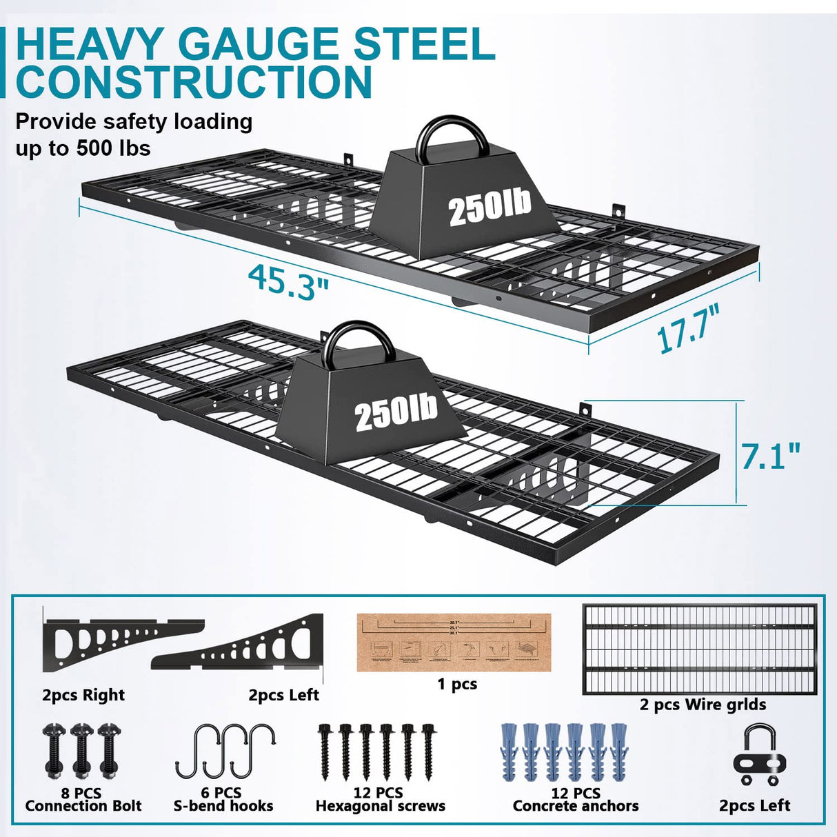 Dtrik 2-Pack 1.5ร3.8ft Garage Wall Shelving, 18ร45.6 inches Heavy Duty Wall Mounted Shelves, Garage Storage Shelf, 500 lbs Load Capacity, Black (Black, 2 Pcs 1.5 * 3.8 ft) Dtrik