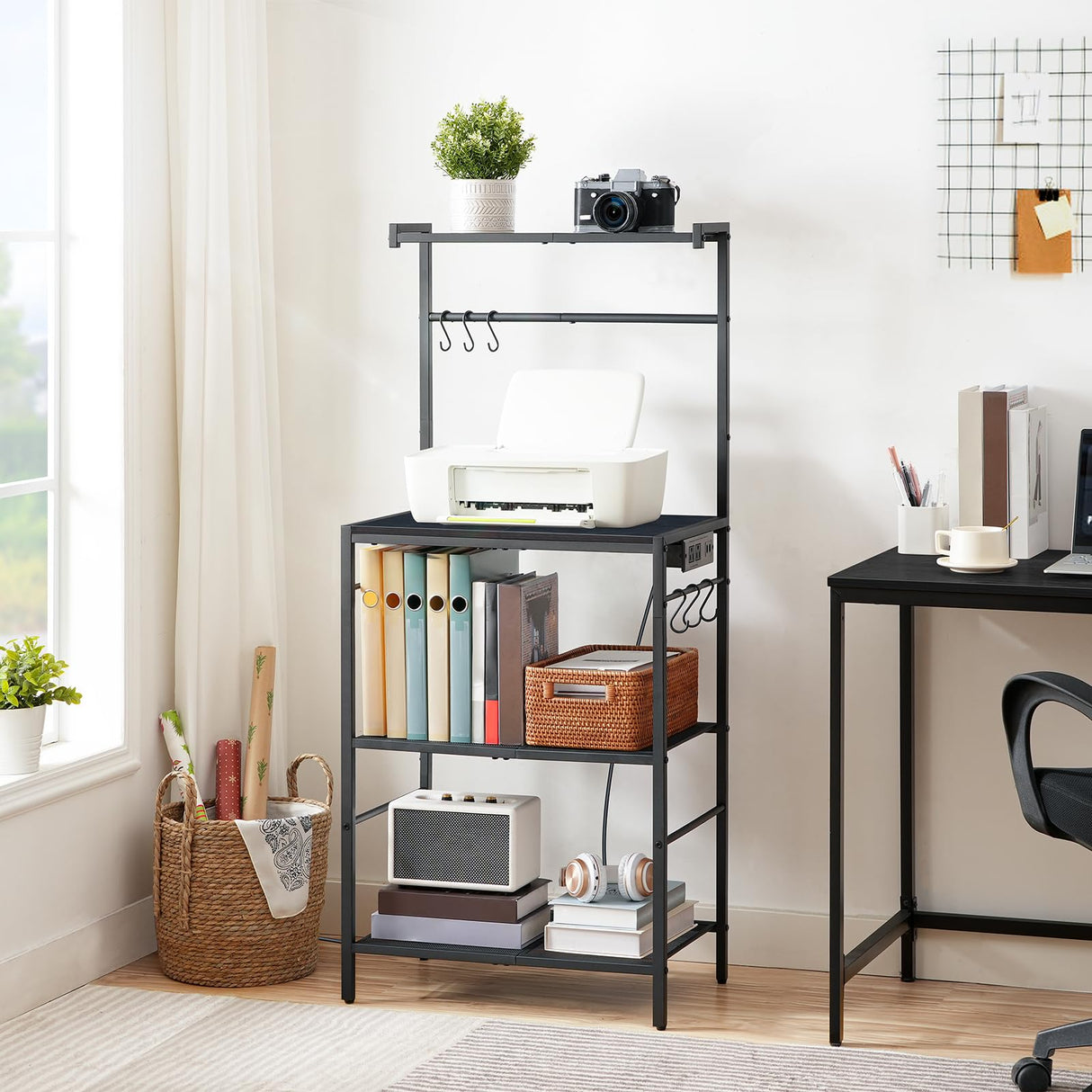 MAHANCRIS Bakers Rack with Charging Station, Microwave Stand with 6 S-Shaped Hooks, 4-Tier Storage Rack, Multifunctional Coffee Bar, for Kitchen, Dining Room, Charcoal Gray and Black BRHT35E01N1 MAHANCRIS