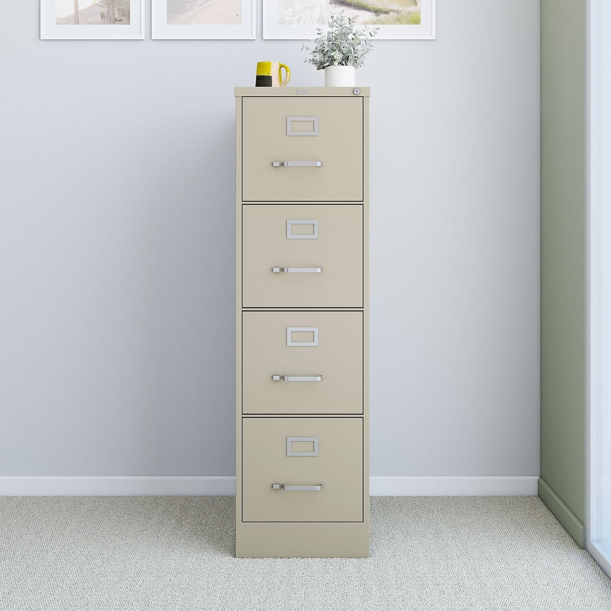STAPLES Commercial 4-Drawer Vertical File Cabinet, Locking, Letter, Putty/Beige, 22-inch D (22336D) STAPLES