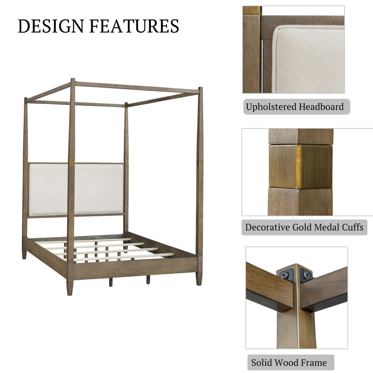 Madison Park Baylor Headboard, Footboard, Canopy Bed Frame with 5 Wood Slats - Upholstered Headboard, Post with Gold Accent, Bedroom Furniture, Box Spring Needed, Easy Assembly, Brown, Queen Madison Park