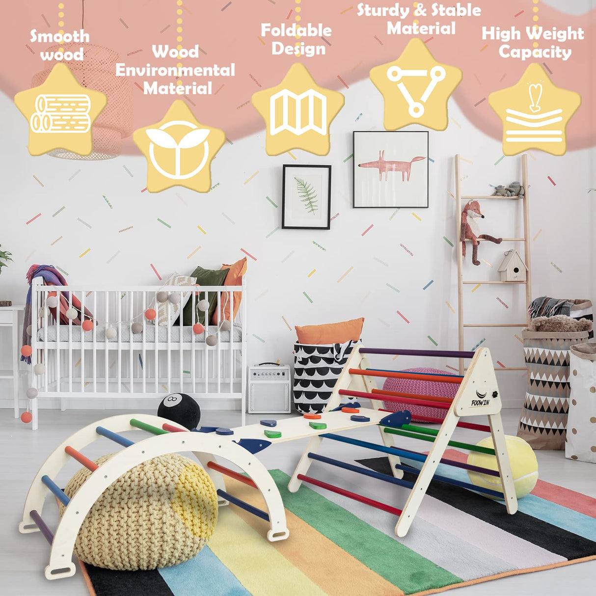 FOOWIN Pikler Triangle Set Climber 8 in 1,Toddler Climbing Toys with Ramp & Arch & Mat Montessori Climbing Set,Wooden Climbing Toys with Ramp for Kids FOOWIN