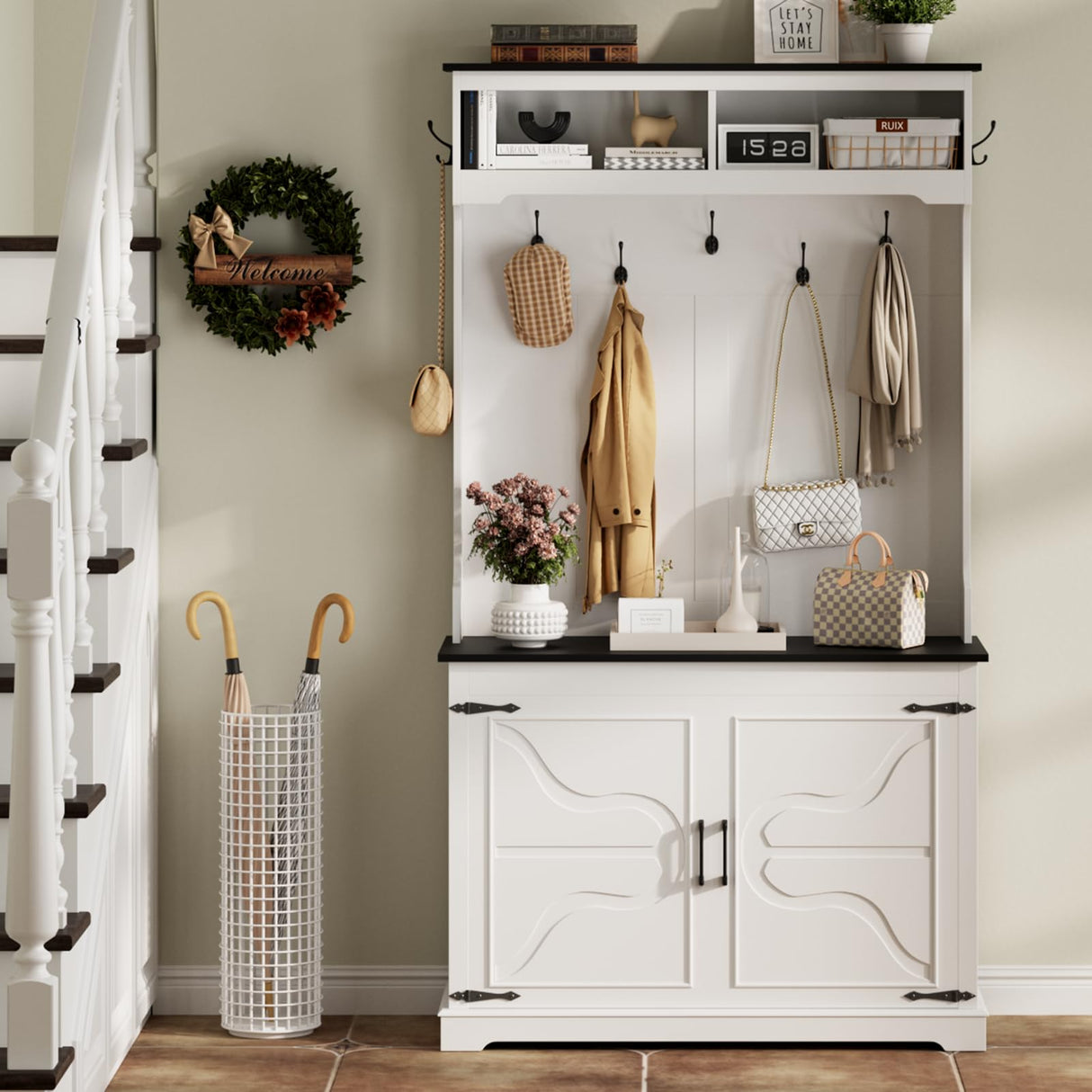 Maupvit Farmhouse Narrow Coat Rack with Shoe Storage, 12 Shoe Cubbies & 7 Coat Hooks, Entryway Furniture with Hall Tree, Ideal for hallways, Living Rooms and Mudrooms, White Maupvit