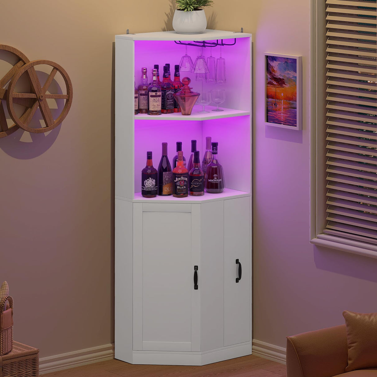 Bigbiglife 71" Corner Bar Cabinet with Power Outlet, Home Bar with LED Light and Glass Holder, Liquor Cabinet Bar Unit with Drawer for Home, Corner Display Cabinet for Living Room, Dining Room Bigbiglife