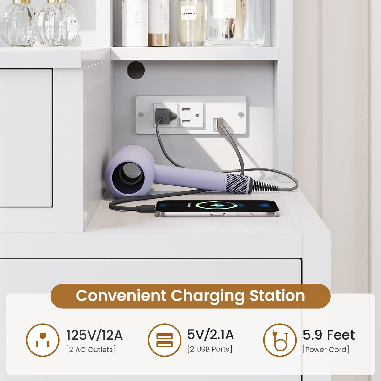 Tiptiper White Makeup Vanity with 10 Light Bulbs, Modern Vanity Desk with Mirror & 3 Lighting Modes, Vanity Table with 2 USB Ports and Outlets, Makeup Desk with Nightstand, Storage Shelves and Drawers Tiptiper