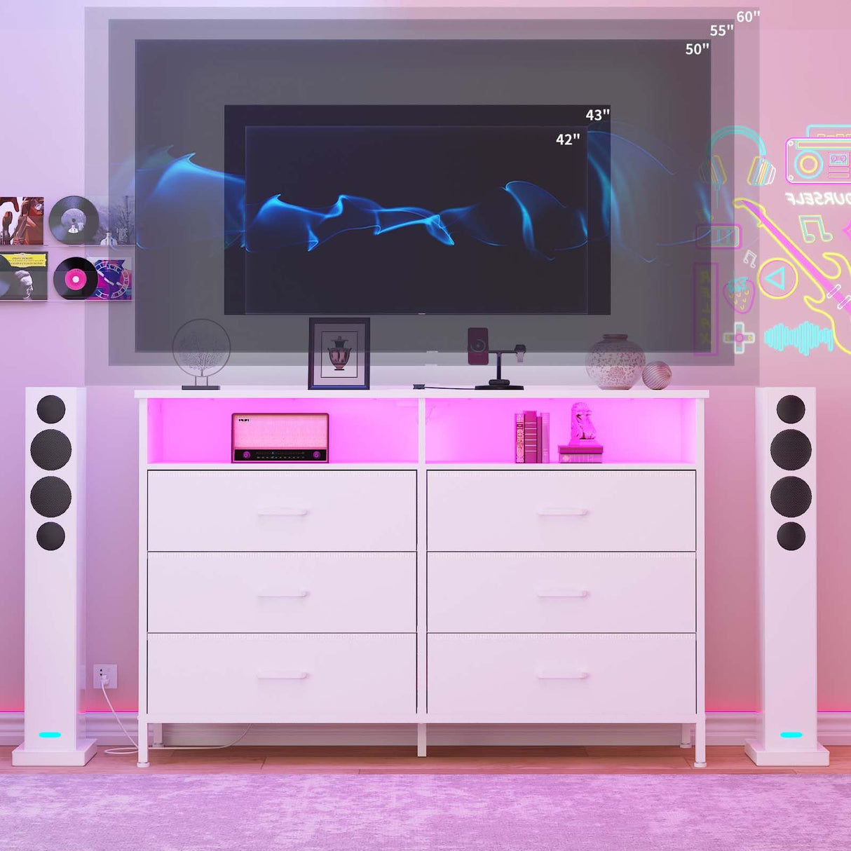 Dresser for bedroom, Fabric White Bedroom Dresser with LED Lights and Charging Station, 6 Long Drawers Dresser, Tall Wide Chest of Drawers Storage Organizer TV Stand for up to 60" TV for Living Room SOOWERY