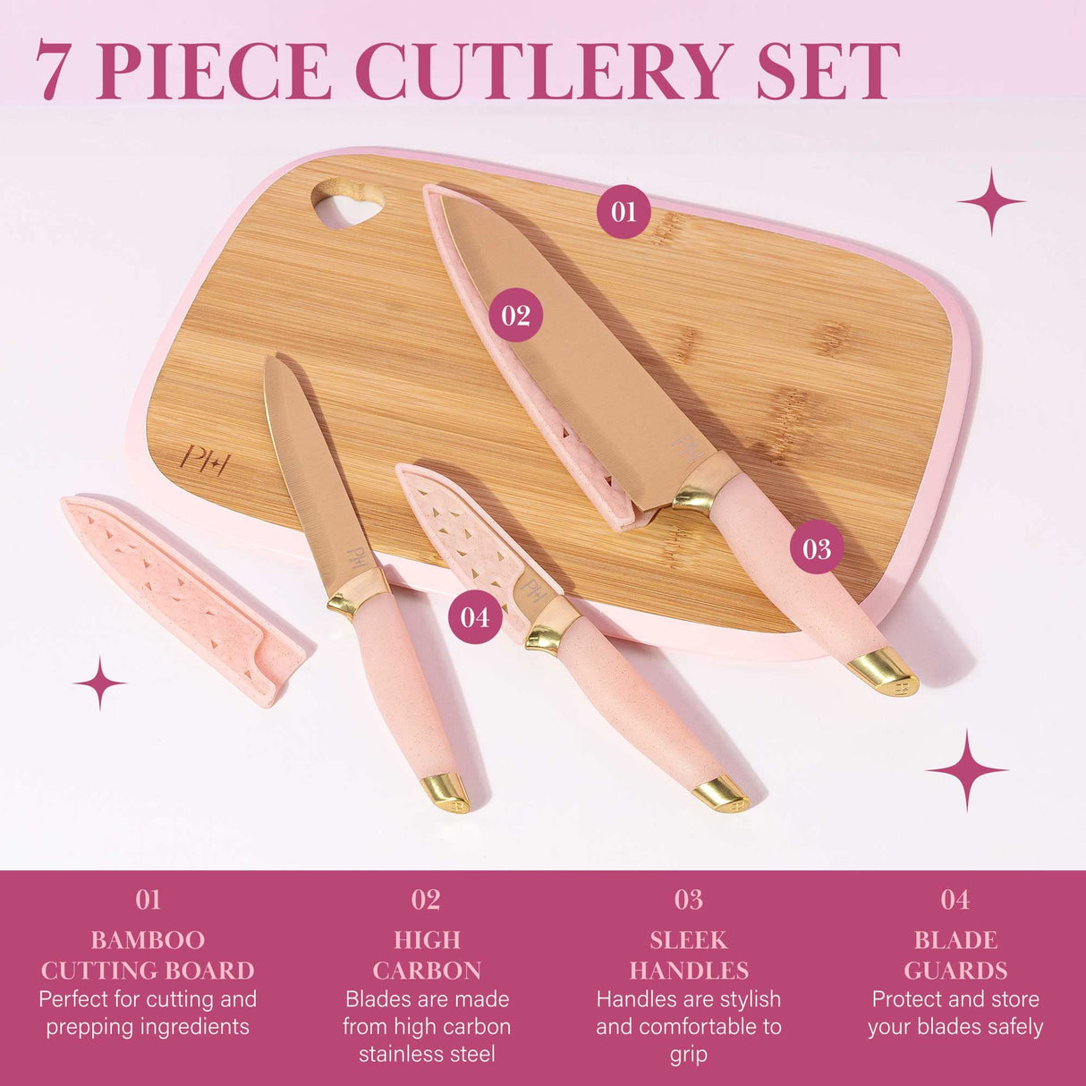 Paris Hilton Reversible Bamboo Cutting Board and Cutlery Set with Matching High Carbon Stainless Steel Knives, Blade Guards, Sleek Yet Comfortable Handle Grips, 7-Piece Set Gold, Pink Paris Hilton