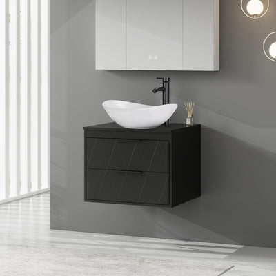 eclife 24" Bathroom Vanities Cabinet with Sink Combo, Wall Mounted Floating Cabinet w/Decor Lines, White Boat Ceramic Vessel Sink W/ORB Water Save Faucet & Pop Up Drain, Black