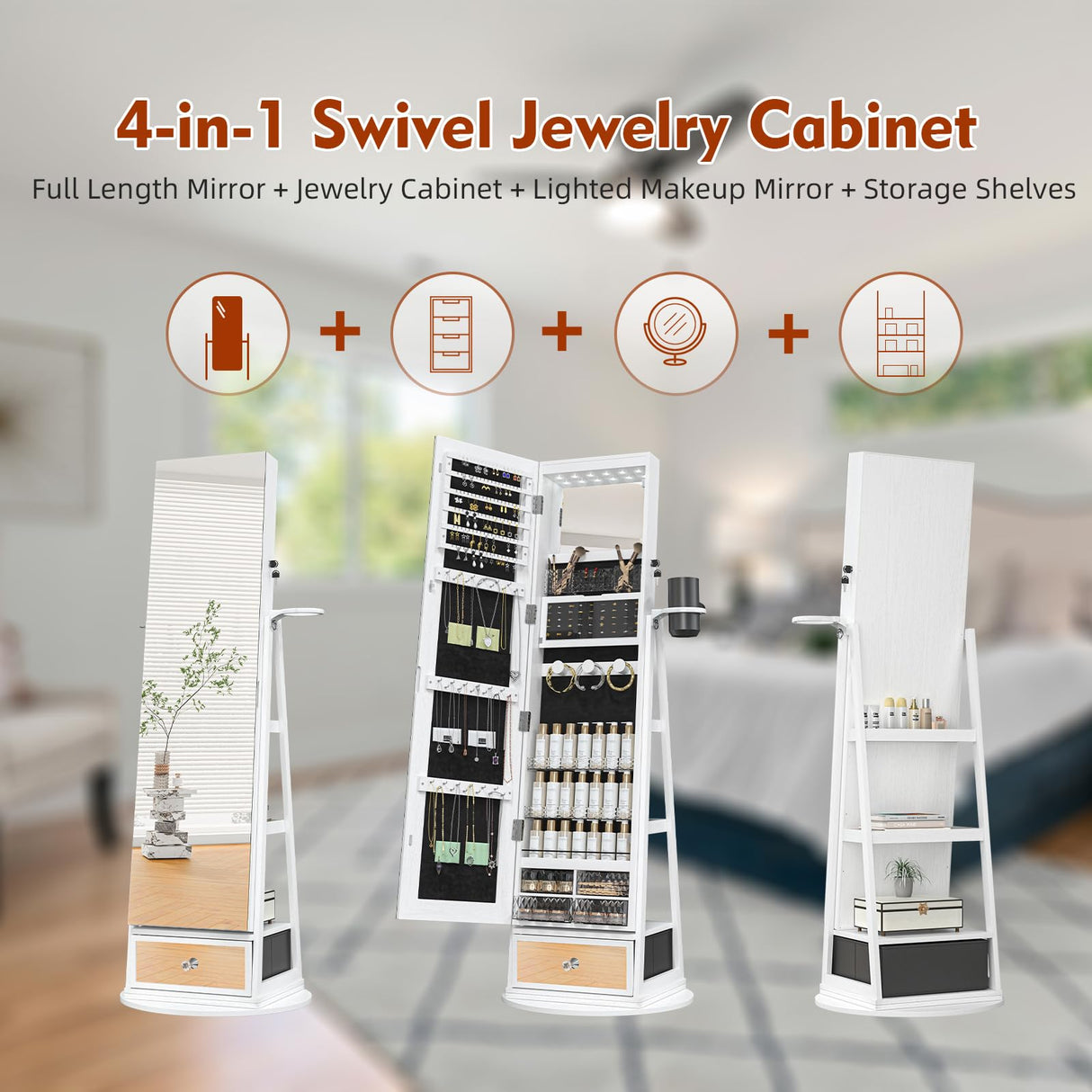 TJYGO 360° Swivel Jewelry Cabinet with Mirror, 6 LED Lights, Rotatable Full Length Mirror with Jewelry Storage Shelf, Standing Jewelry Armoire Organizer, Foldable Makeup Shelf TJYGO