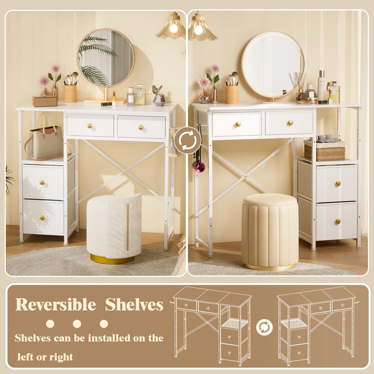 3IngSeagulls White Vanity Desk Without Mirror, Small Makeup Desk with 4 Fabric Drawers, 33.5 Inches Dressing Table with Storage, Vanity Table for Bedroom with Hook, White 3IngSeagulls