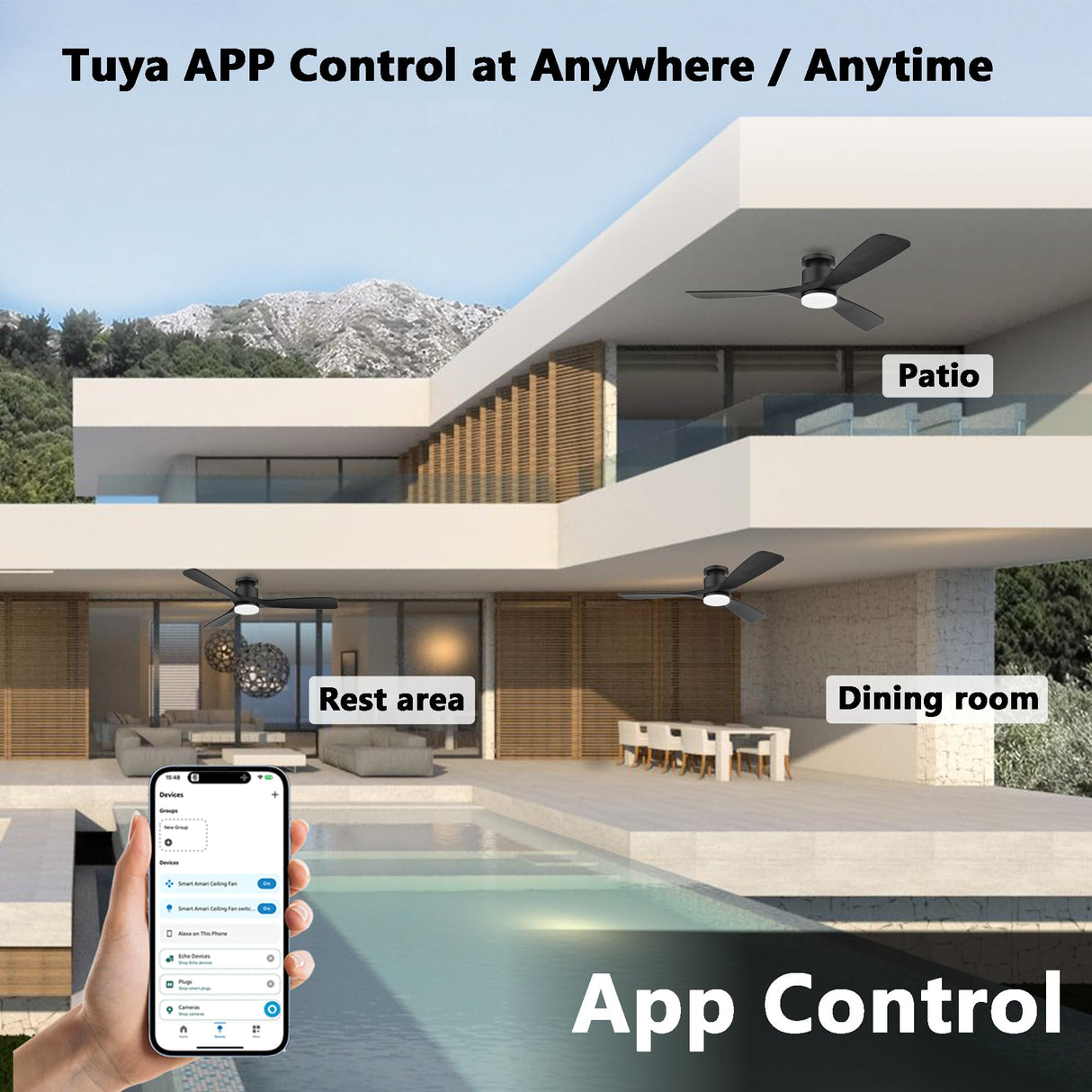 52 Inch Smart Low Profile Ceiling Fan,Solid Wood Ceiling Fan with Lights Remote,Outdoor Indoor Flush Mount,WIFI Alexa App Control,Quiet DC Motor,Dimmable,Modern Ceiling Fan for Bedroom Patio,Black Lorpies