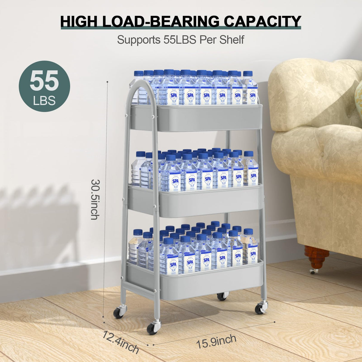 EAGMAK 3 Tier Utility Rolling Cart, Metal Storage Cart with Handle and Lockable Wheels, Multifunctional Storage Organizer Trolley with Mesh Baskets for Kitchen, Living Room, Office, Garage (Grey) EAGMAK