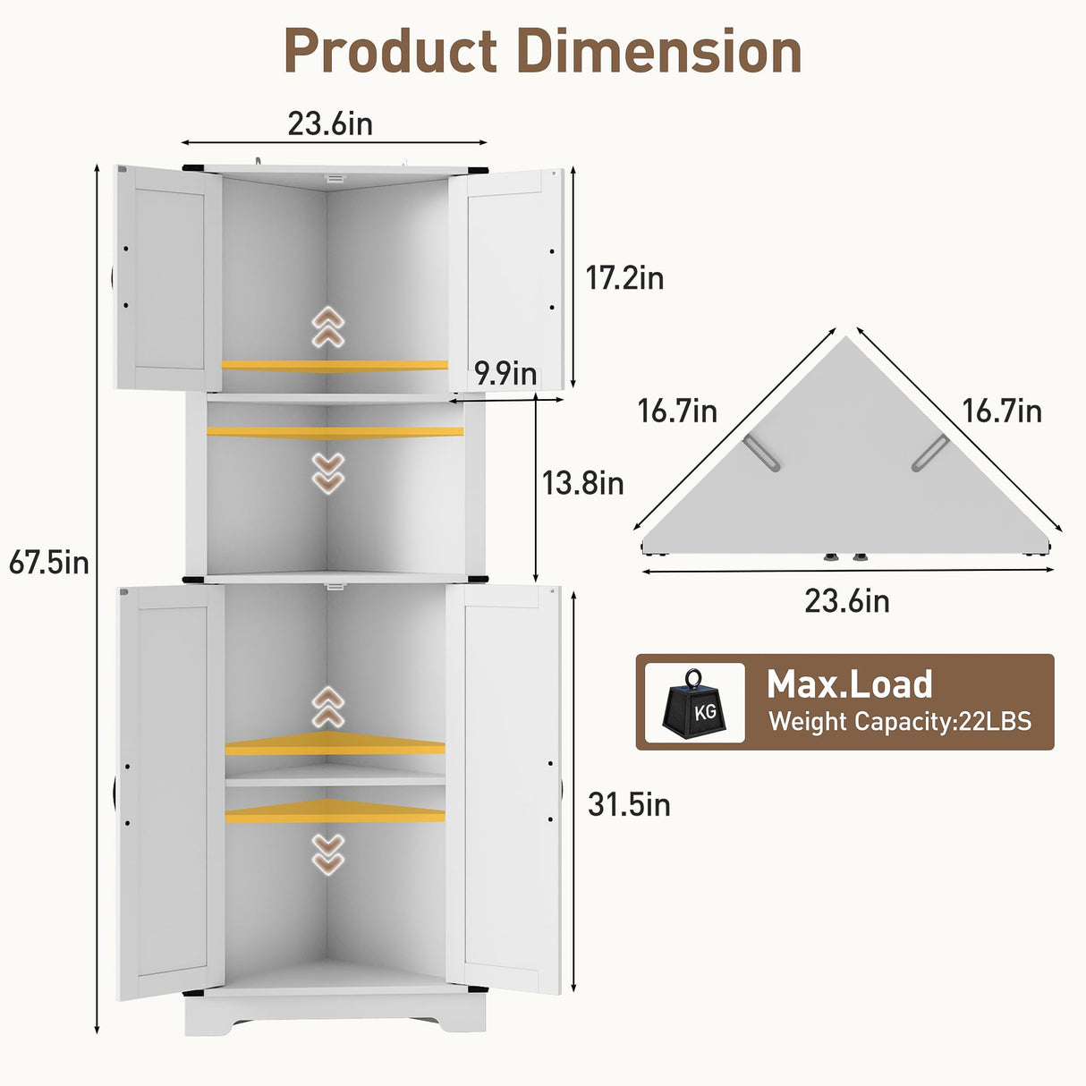 Maupvit 68" Tall Corner Cabinet with 4 Barn Doors & Adjustable Shelves, Farmhouse Bathroom Cabinet with Storage, Home Space Saver Corner Display Shelves for Living Room, Kitchen, Bathroom, White Maupvit