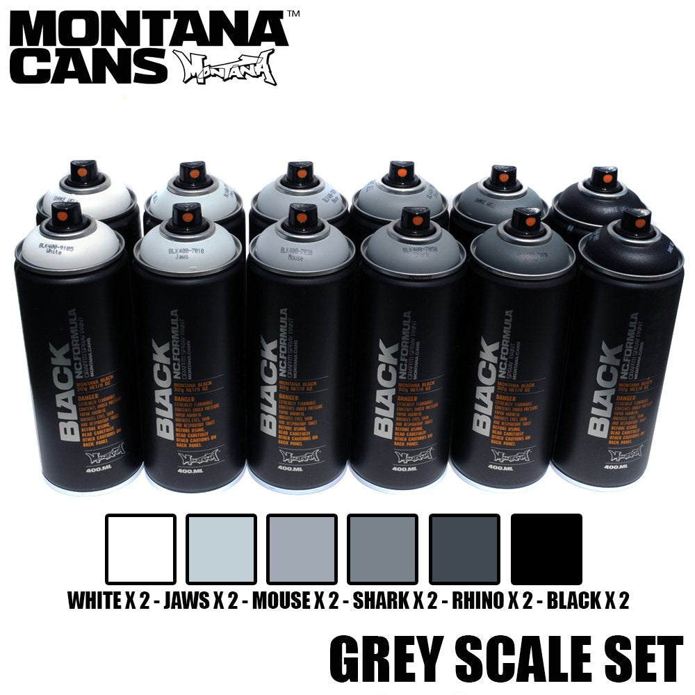 Montana BLACK 400ml Set of 12 Graffiti Street Art Mural Spray Paint (Grey Scale) Montana Black