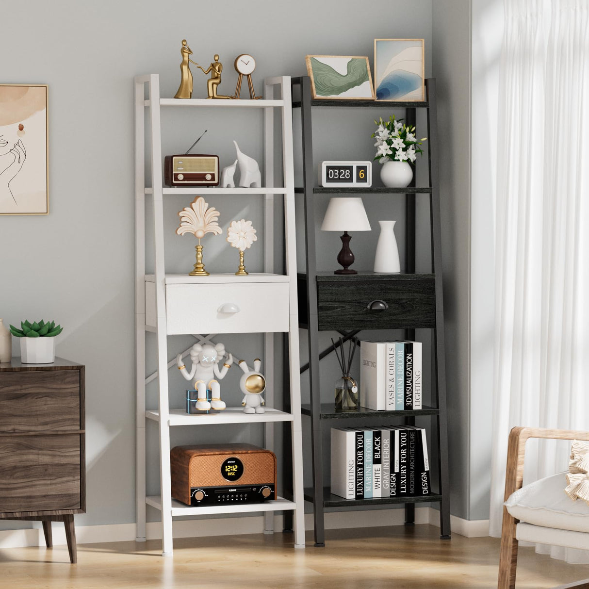 Furologee 5 Tier Bookshelf, Ladder Shelf with Drawer, Tall and Narrow Bookcase, Storage Shelves Organizer,Industrial Display Standing Units for Bathroom,Kitchen,Bedroom,Living Room,White Furologee