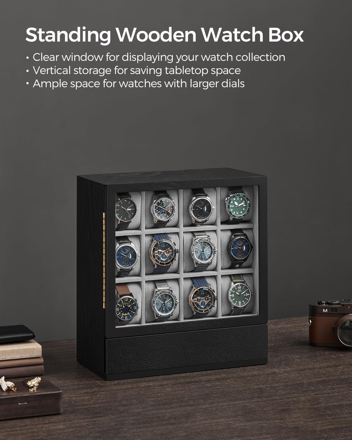 SONGMICS 12-Slot Wooden Watch Box, Watch Display Case with Window, Watch Display Cabinet with Solid Wood Veneer, Velvet Lining, Vertical Storage, SONGMICS