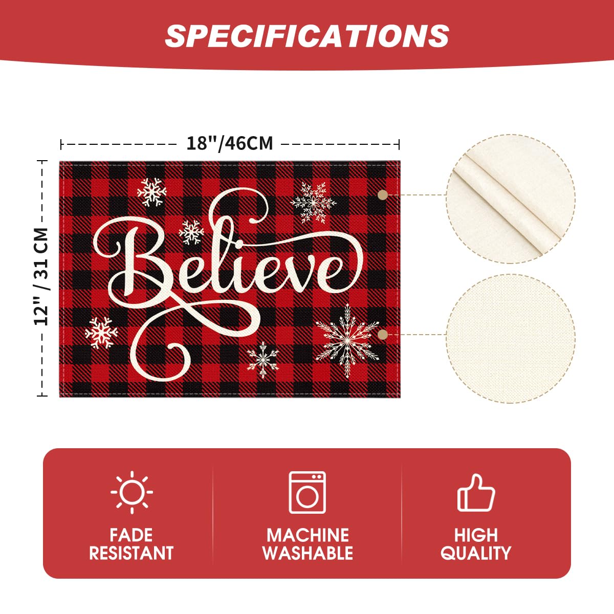 Artoid Mode Christmas Believe Buffalo Check Plaid Placemat for Dining Table, 12 x 18 Inch Winter Holiday Rustic Washable Table Mat Set of 4 Artoid Mode